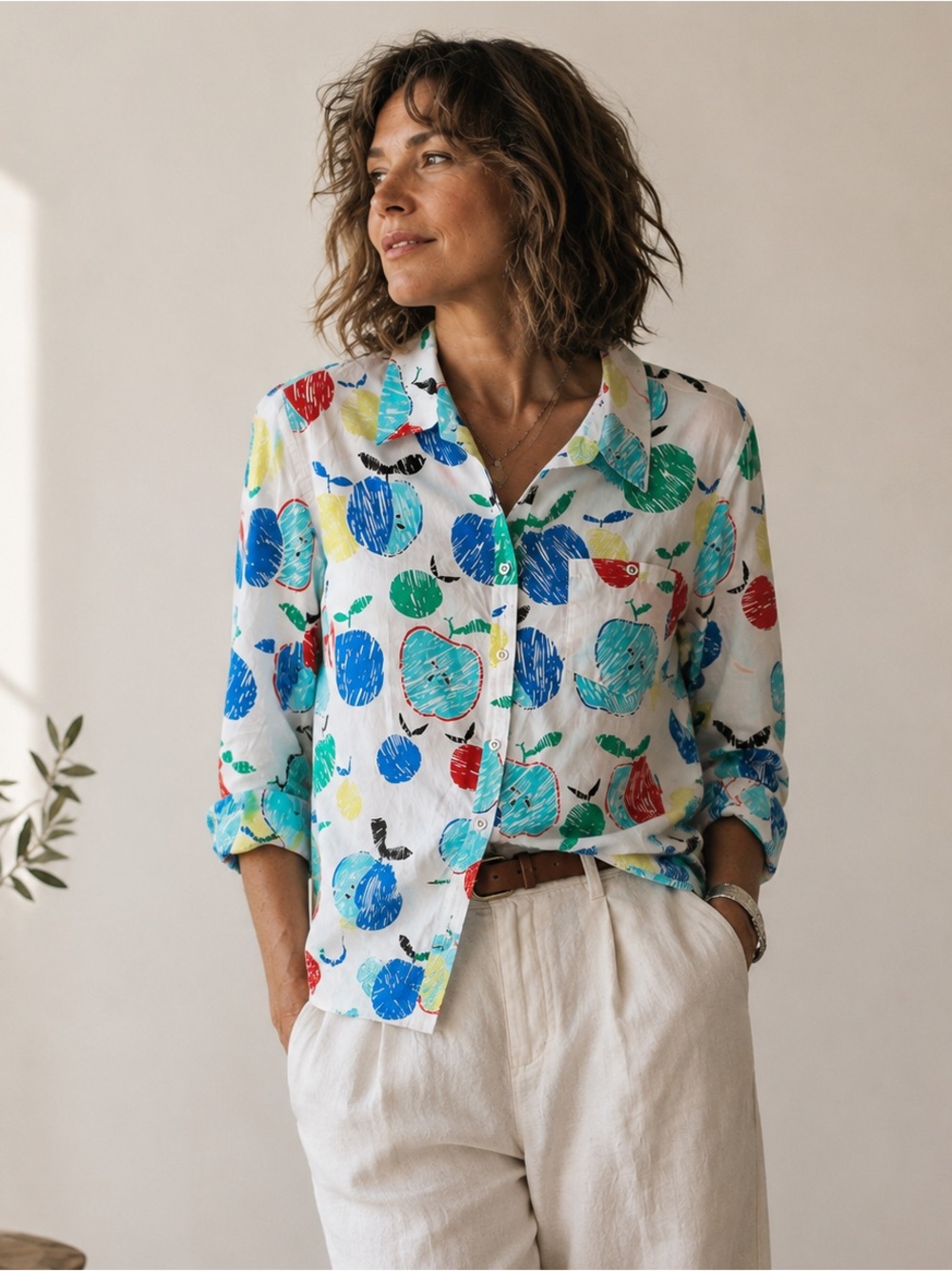 Talbots 100% Cotton Artsy Apple Button Down Shirt Large Colourful Teacher-vibe